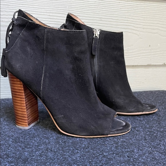 Black Suede Peep-Toe Ankle Boots - Picture 1 of 8